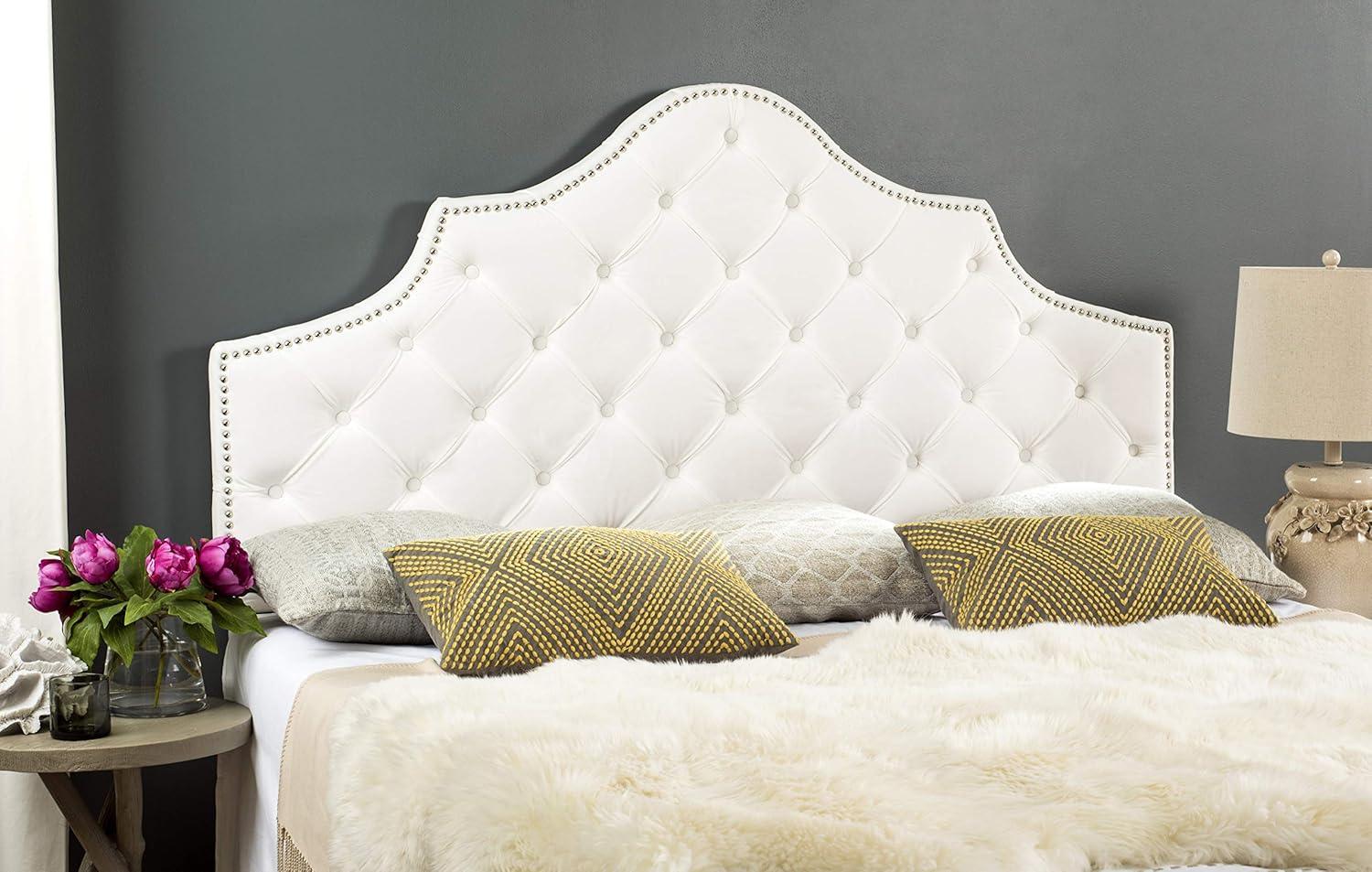 image:imageSafavieh Arebelle Taupe Linen Upholstered Tufted Headboard Silver Nailhead QueenWhite