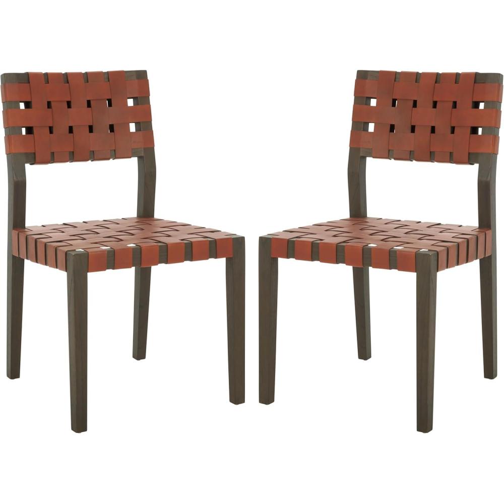 image:imageSAFAVIEH Couture Collection Bette Woven Leather Dining Chair Set of 2 Tan Leather Seat with Natural Solid Wood Frame Fully Assembled Modern Rustic Seating SFV1902DBrownWalnut