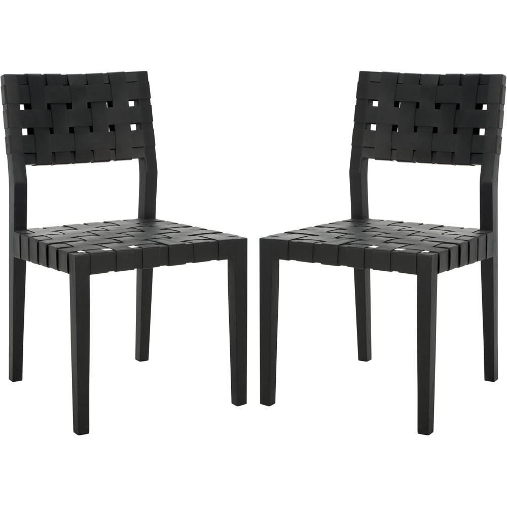 image:imageSAFAVIEH Couture Collection Bette Woven Leather Dining Chair Set of 2 Tan Leather Seat with Natural Solid Wood Frame Fully Assembled Modern Rustic Seating SFV1902DBlackBlack
