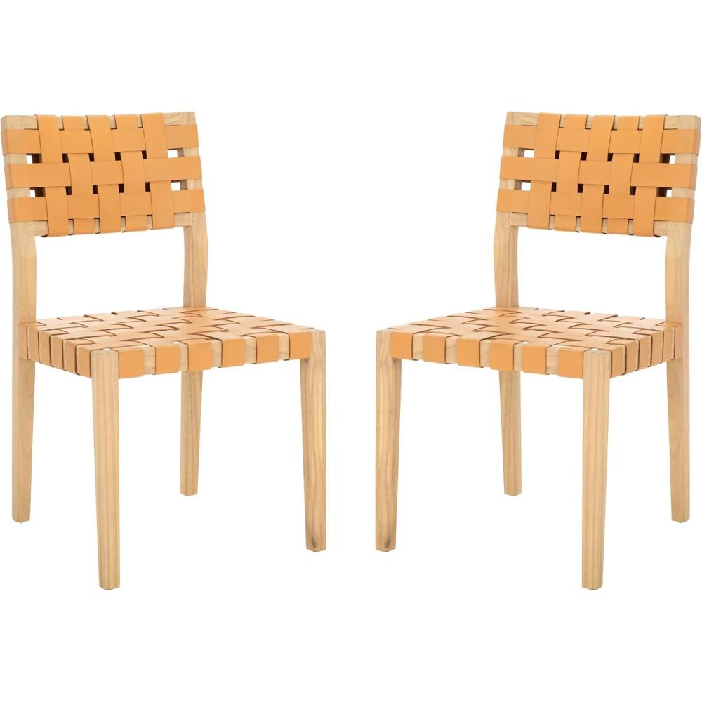 image:imageSAFAVIEH Couture Collection Bette Woven Leather Dining Chair Set of 2 Tan Leather Seat with Natural Solid Wood Frame Fully Assembled Modern Rustic Seating SFV1902DTanNatural