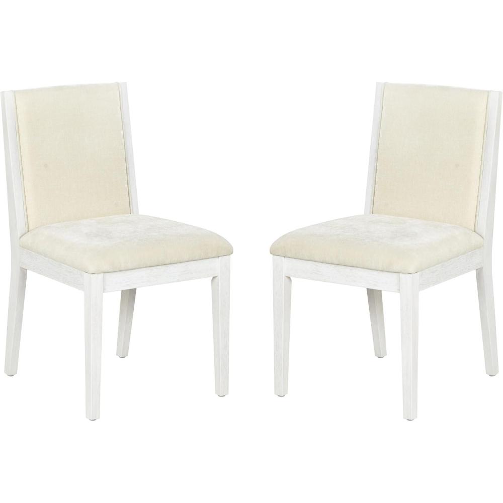 image:imageSAFAVIEH Couture Collection Clarastella Set of 2 White Wood Dining Chairs Upholstered Dining Chairs with Beige Performance Fabric SFV4274ASET2WhiteBeige