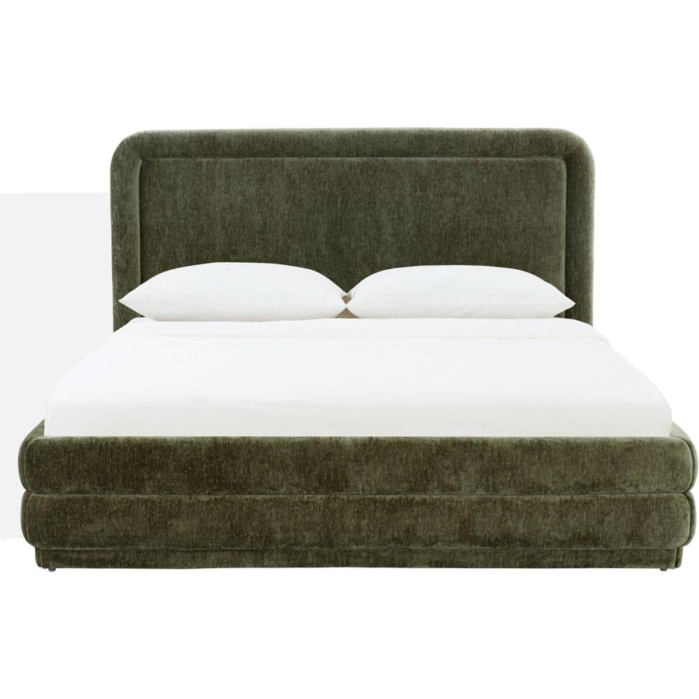 image:imageSAFAVIEH Couture Collection Jollie Olive Green Chenille Upholstered Queen Bed Fabric Platform Bed with Headboard Modern Bedroom Furniture SFV4884AQOlive Green