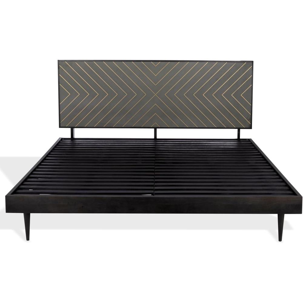image:imageSAFAVIEH Couture Collection Leni Black amp Brass King Bed with Gold Inlay Cement Headboard Modern Design No Box Spring Needed SFV5714BKBlackBrass