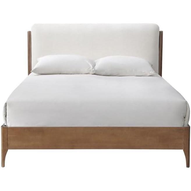 image:imageSAFAVIEH Couture Collection Solacina Walnut Wood Frame Bed Ivory Fabric Upholstered Headboard Queen Size No Box Spring Needed SFV1803BQIvoryNatural