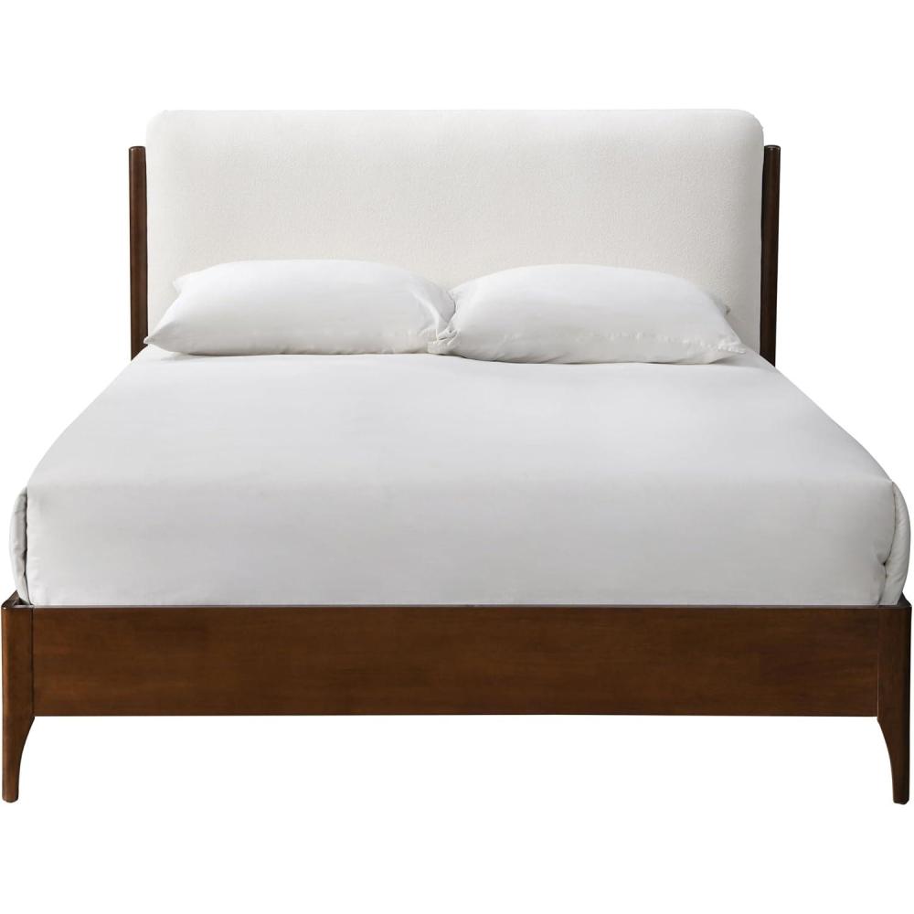 image:imageSAFAVIEH Couture Collection Solacina Walnut Wood Frame Bed Ivory Fabric Upholstered Headboard Queen Size No Box Spring Needed SFV1803BQIvoryWalnut
