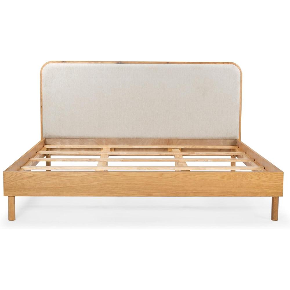 image:imageSAFAVIEH Couture Collection Yohan Queen Natural Wood Frame Bed Beige Fabric Upholstered Curved Headboard No Box Spring Needed SFV4218AQNaturalBeige