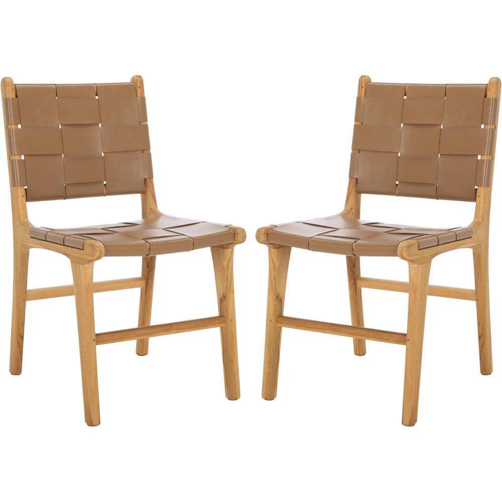 image:imageSAFAVIEH Couture Collection Cassaphina Black Woven Leather amp Black Solid Wood Dining Chair Set of 2 Fully AssembledBrownNatural