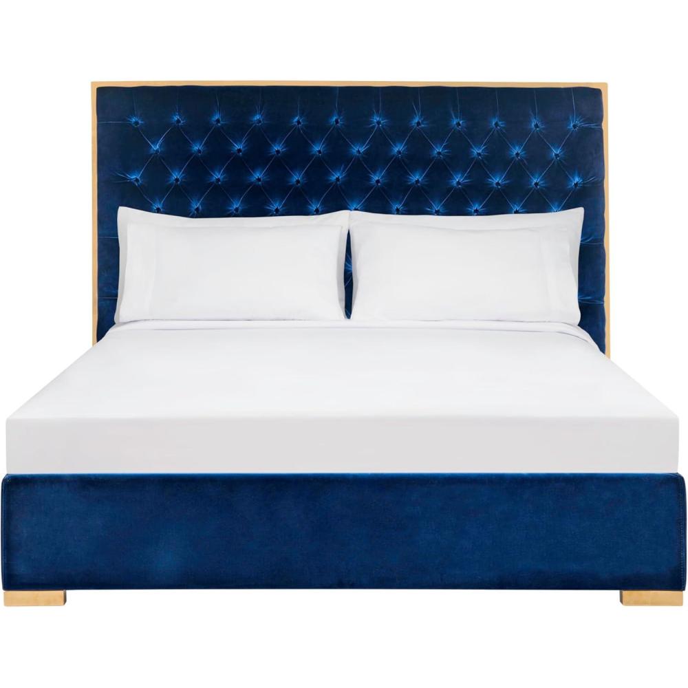 image:imageSAFAVIEH Couture Collection Chester Navy Tufted Velvet Queen Size Bed