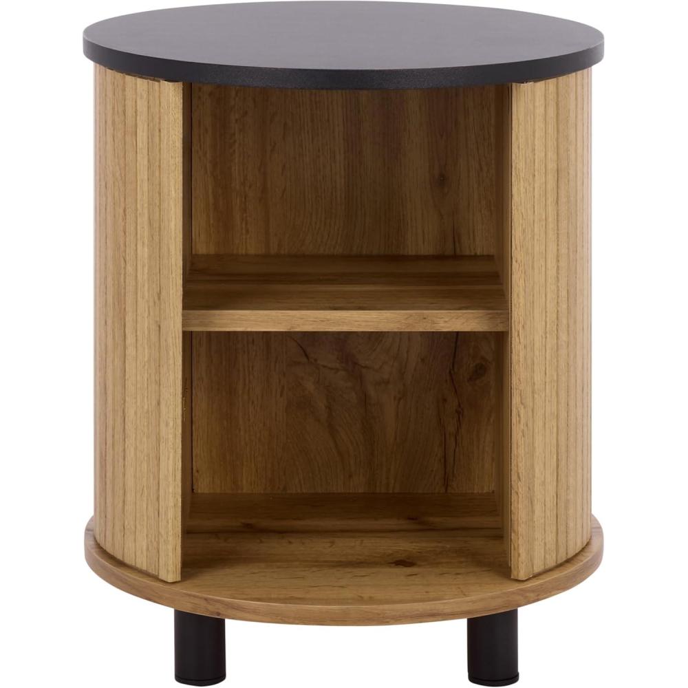 image:imageSAFAVIEH Home Collection Etka Oak amp Brass 2Shelf Round Nightstand Modern Fluted Accent Table NST3108BOakBlack