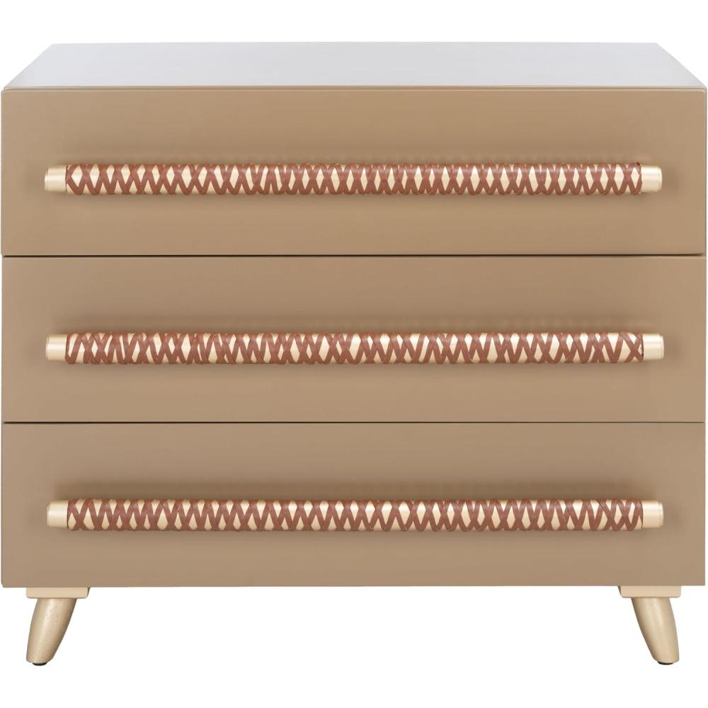 image:imageSAFAVIEH Home Collection Raquel White 3 Drawer Chest MidCentury Style Dresser with Faux Leather Wrapped Drawer Pulls CHS6602CTaupe Gold