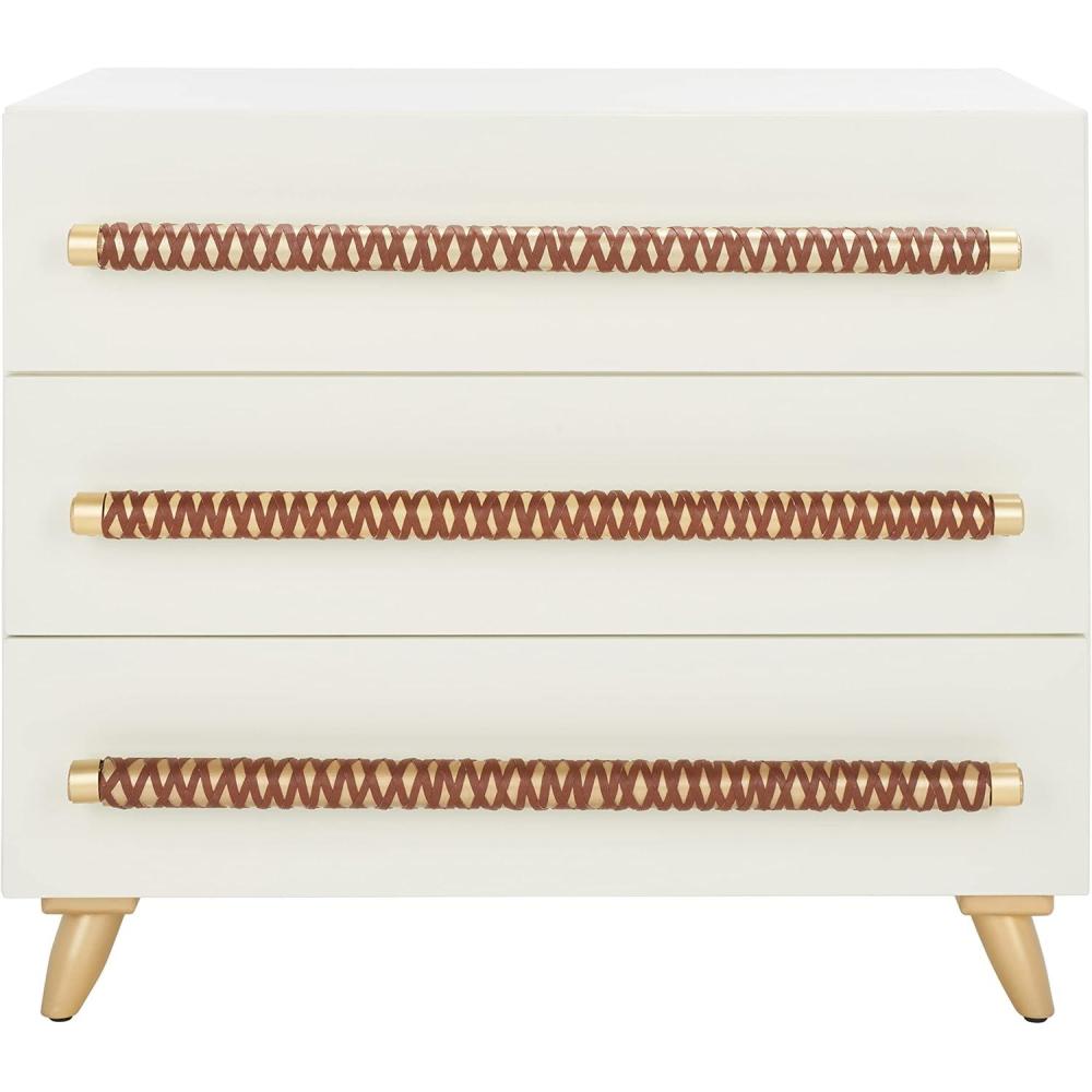 image:imageSAFAVIEH Home Collection Raquel White 3 Drawer Chest MidCentury Style Dresser with Faux Leather Wrapped Drawer Pulls CHS6602CWhiteGold