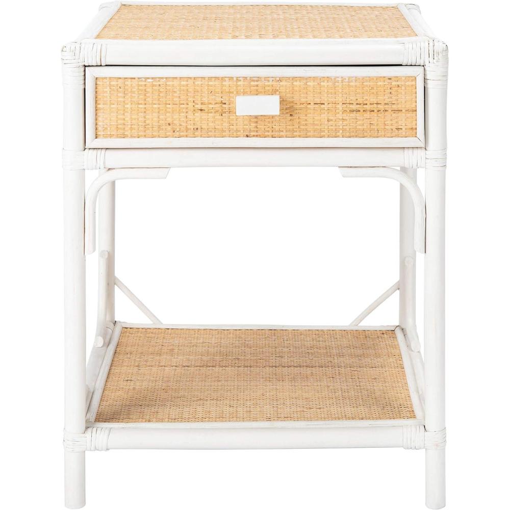 image:imageSAFAVIEH Home Collection  Roya White amp Natural Nightstand with Drawer amp Shelf Coastal Accent Table BambooStyle Frame amp Rattan Drawer NST4005CWhite  Natural