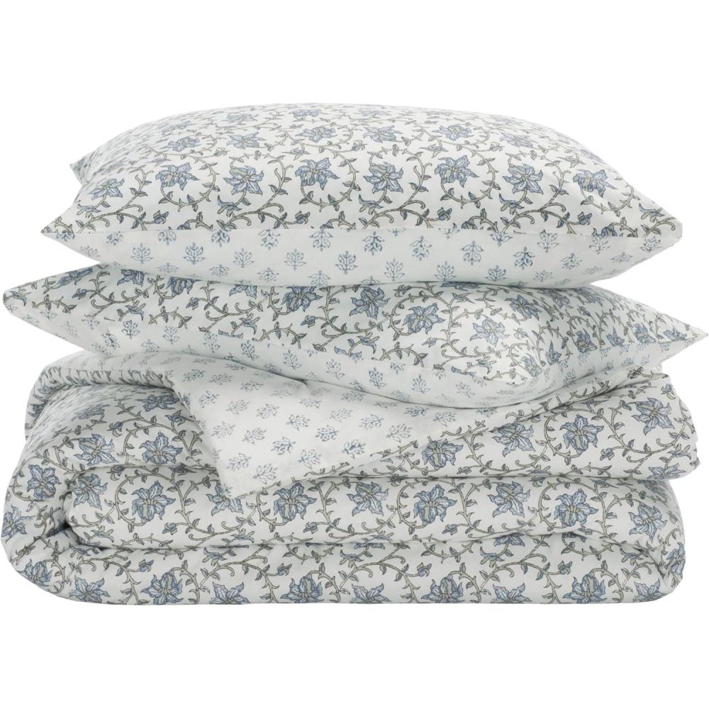 image:imageSAFAVIEH Home Floral Reversible Comforter Set  3 Piece QueenFull 100 Cotton 144TC Blue Mist amp Sage Green  Includes 1 Duvet Cover amp 2 Shams CMT2000AQBlue MistSage Green