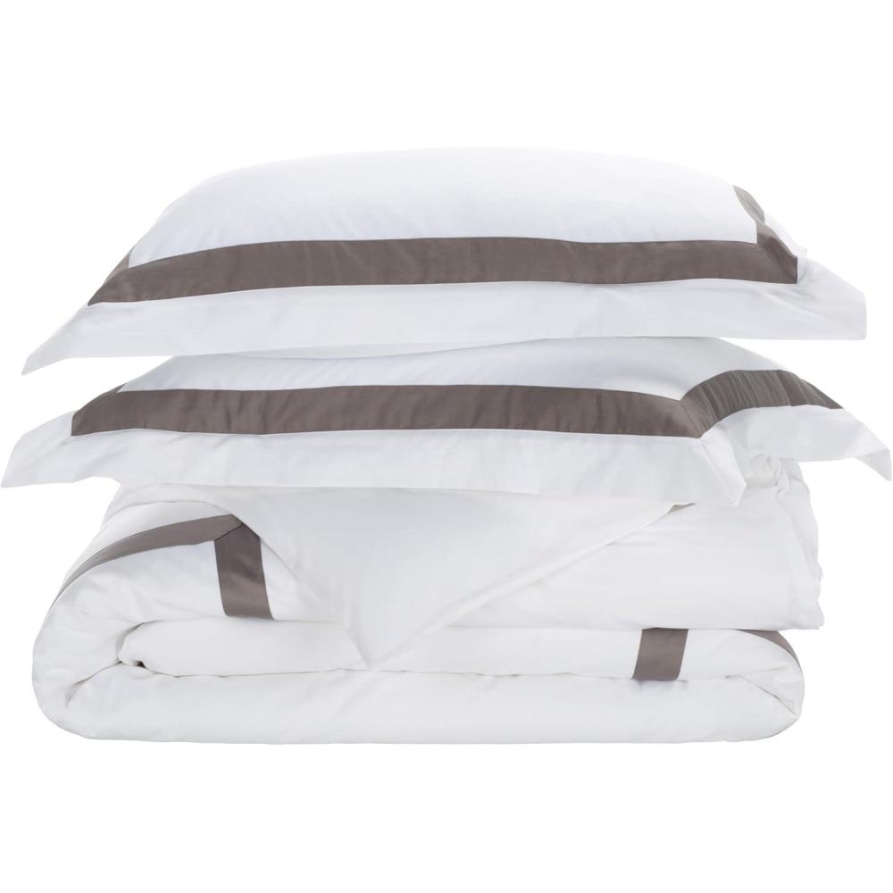 image:imageSAFAVIEH Home Hotel Collection Duvet Cover Set  300TC 100 Cotton Percale 3Piece Border Design Desert Beige amp White King  Includes 1 Duvet Cover amp 2 Pillow Shams DVT1000AKGreyWhite