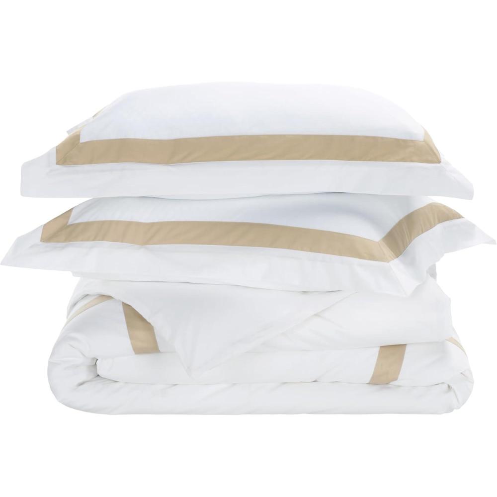 image:imageSAFAVIEH Home Hotel Collection Duvet Cover Set  300TC 100 Cotton Percale 3Piece Border Design Desert Beige amp White King  Includes 1 Duvet Cover amp 2 Pillow Shams DVT1000AKDesert BeigeWhite