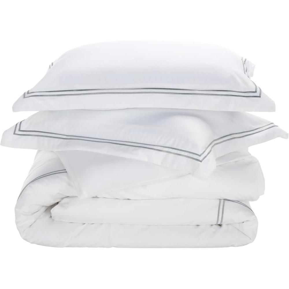 image:imageSAFAVIEH Home Hotel Collection Duvet Cover Set 300TC 100 Cotton Percale 3Piece Golden Taupe amp White FullQueen Includes 1 Duvet Cover amp 2 Pillow Shams DVT1001AQBlue MistWhite