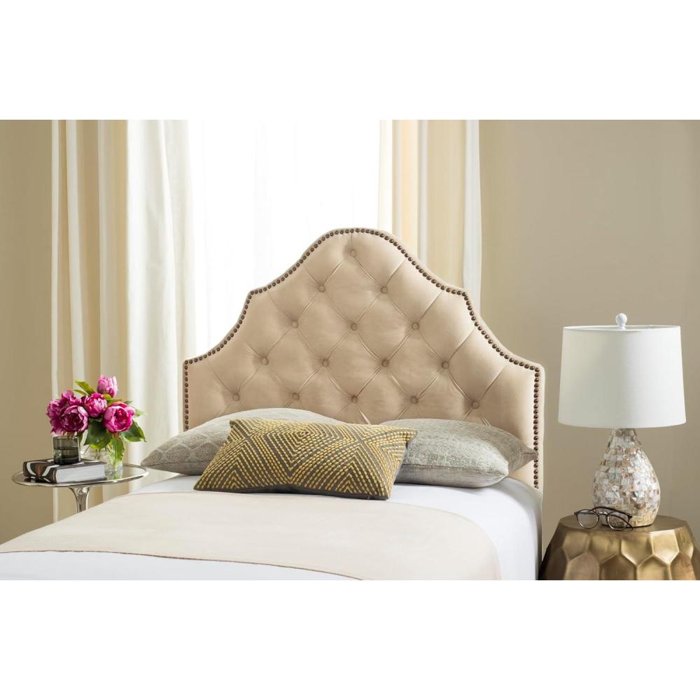 image:imageSafavieh Arebelle Taupe Linen Upholstered Tufted Headboard Silver Nailhead QueenBuckwheat