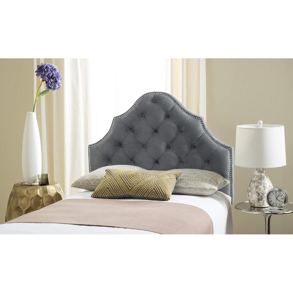 image:imageSafavieh Arebelle Taupe Linen Upholstered Tufted Headboard Silver Nailhead QueenGray