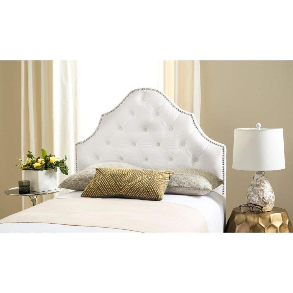 image:imageSafavieh Arebelle Taupe Linen Upholstered Tufted Headboard Silver Nailhead QueenWhite