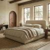 SAFAVIEH Couture Collection – Jollie Olive Green Chenille Upholstered Queen Bed, Fabric Platform Bed with Headboard, Modern Bedroom Furniture (SFV4884A-Q)(Taupe)