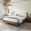SAFAVIEH Couture Collection – Solacina Walnut Wood Frame Bed, Ivory Fabric Upholstered Headboard, Queen Size, No Box Spring Needed (SFV1803B-Q)(Ivory/Natural)