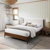 SAFAVIEH Couture Collection – Solacina Walnut Wood Frame Bed, Ivory Fabric Upholstered Headboard, Queen Size, No Box Spring Needed (SFV1803B-Q)(Ivory/Walnut)