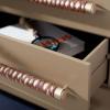 SAFAVIEH Home Collection – Raquel White 3 Drawer Chest, Mid-Century Style Dresser with Faux Leather Wrapped Drawer Pulls (CHS6602C)(Taupe / Gold)