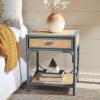 SAFAVIEH Home Collection – Roya White & Natural Nightstand with Drawer & Shelf, Coastal Accent Table, Bamboo-Style Frame & Rattan Drawer (NST4005C)(Blue Grey / Natural)