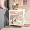SAFAVIEH Home Collection – Roya White & Natural Nightstand with Drawer & Shelf, Coastal Accent Table, Bamboo-Style Frame & Rattan Drawer (NST4005C)(White / Natural)