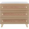 SAFAVIEH Home Collection – Raquel White 3 Drawer Chest, Mid-Century Style Dresser with Faux Leather Wrapped Drawer Pulls (CHS6602C)(Taupe / Gold)
