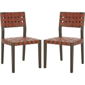 SAFAVIEH Couture Collection – Bette Woven Leather Dining Chair Set of 2, Tan Leather Seat with Natural Solid Wood Frame, Fully Assembled Modern Rustic Seating (SFV1902D)(Brown/Walnut)