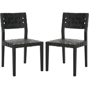 SAFAVIEH Couture Collection – Bette Woven Leather Dining Chair Set of 2, Tan Leather Seat with Natural Solid Wood Frame, Fully Assembled Modern Rustic Seating (SFV1902D)(Black/Black)