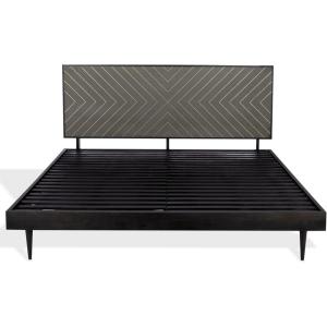 SAFAVIEH Couture Collection – Leni Black & Brass King Bed with Gold Inlay Cement Headboard, Modern Design, No Box Spring Needed (SFV5714B-K)(Black/Brass)