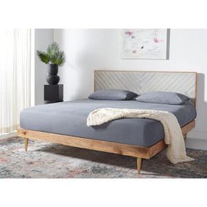 SAFAVIEH Couture Collection – Leni Black & Brass King Bed with Gold Inlay Cement Headboard, Modern Design, No Box Spring Needed (SFV5714B-K)(Cement/Natural)