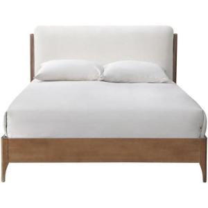 SAFAVIEH Couture Collection – Solacina Walnut Wood Frame Bed, Ivory Fabric Upholstered Headboard, Queen Size, No Box Spring Needed (SFV1803B-Q)(Ivory/Natural)