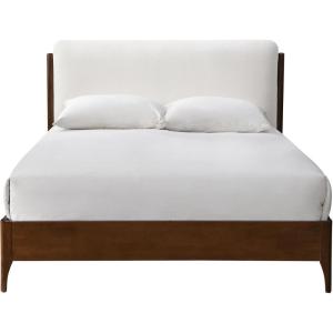 SAFAVIEH Couture Collection – Solacina Walnut Wood Frame Bed, Ivory Fabric Upholstered Headboard, Queen Size, No Box Spring Needed (SFV1803B-Q)(Ivory/Walnut)