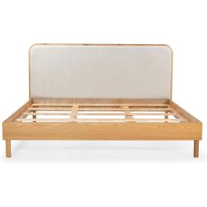 SAFAVIEH Couture Collection – Yohan Queen Natural Wood Frame Bed, Beige Fabric Upholstered Curved Headboard, No Box Spring Needed (SFV4218A-Q)(Natural/Beige)