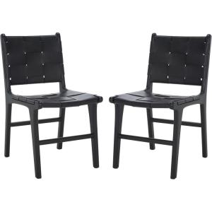 SAFAVIEH Couture Collection Cassaphina Black Woven Leather & Black Solid Wood Dining Chair Set of 2 (Fully Assembled)(Black/Black)