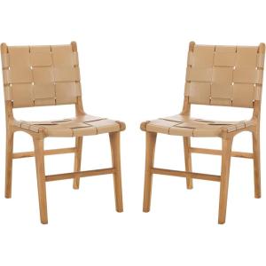 SAFAVIEH Couture Collection Cassaphina Black Woven Leather & Black Solid Wood Dining Chair Set of 2 (Fully Assembled)(Tan/Natural)