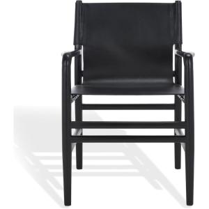 SAFAVIEH Couture Collection Cassaphina Tan Leather & Natural Solid Wood Arm Chair (Fully Assembled)(Black/Black)