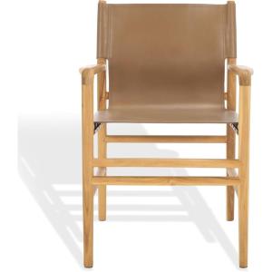 SAFAVIEH Couture Collection Cassaphina Tan Leather & Natural Solid Wood Arm Chair (Fully Assembled)(Brown/Natural)
