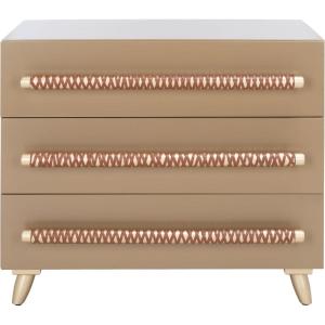 SAFAVIEH Home Collection – Raquel White 3 Drawer Chest, Mid-Century Style Dresser with Faux Leather Wrapped Drawer Pulls (CHS6602C)(Taupe / Gold)