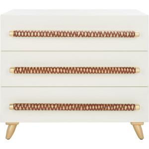 SAFAVIEH Home Collection – Raquel White 3 Drawer Chest, Mid-Century Style Dresser with Faux Leather Wrapped Drawer Pulls (CHS6602C)(White/Gold)