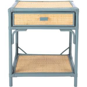 SAFAVIEH Home Collection – Roya White & Natural Nightstand with Drawer & Shelf, Coastal Accent Table, Bamboo-Style Frame & Rattan Drawer (NST4005C)(Blue Grey / Natural)