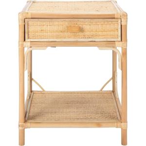 SAFAVIEH Home Collection – Roya White & Natural Nightstand with Drawer & Shelf, Coastal Accent Table, Bamboo-Style Frame & Rattan Drawer (NST4005C)(Natural)