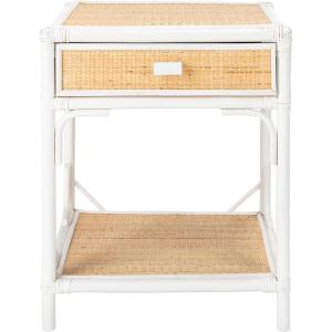 SAFAVIEH Home Collection – Roya White & Natural Nightstand with Drawer & Shelf, Coastal Accent Table, Bamboo-Style Frame & Rattan Drawer (NST4005C)(White / Natural)
