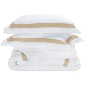 SAFAVIEH Home Hotel Collection Duvet Cover Set – 300TC 100% Cotton Percale, 3-Piece, Border Design, Desert Beige & White, King – Includes 1 Duvet Cover & 2 Pillow Shams (DVT1000A-K)(Desert Beige/White)