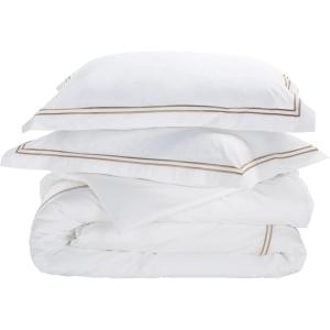 SAFAVIEH Home Hotel Collection Duvet Cover Set – 300TC 100% Cotton Percale, 3-Piece, Golden Taupe & White, Full/Queen – Includes 1 Duvet Cover & 2 Pillow Shams (DVT1001A-Q)(Golden Taupe/White)