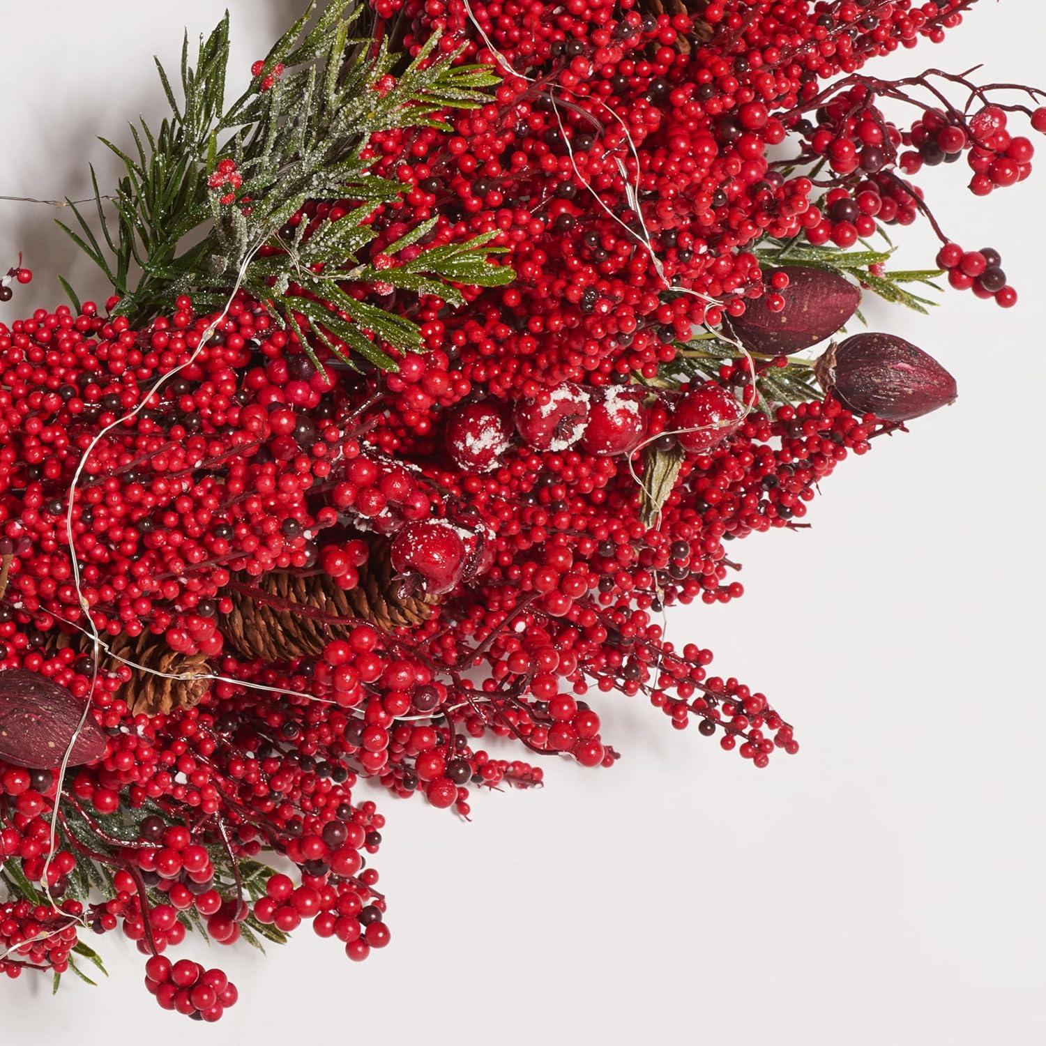 image:imageSAFAVIEH Home Collection 30inch Decorative Artificial Red Berry amp Pine Wreath LED Light Fully Assembled