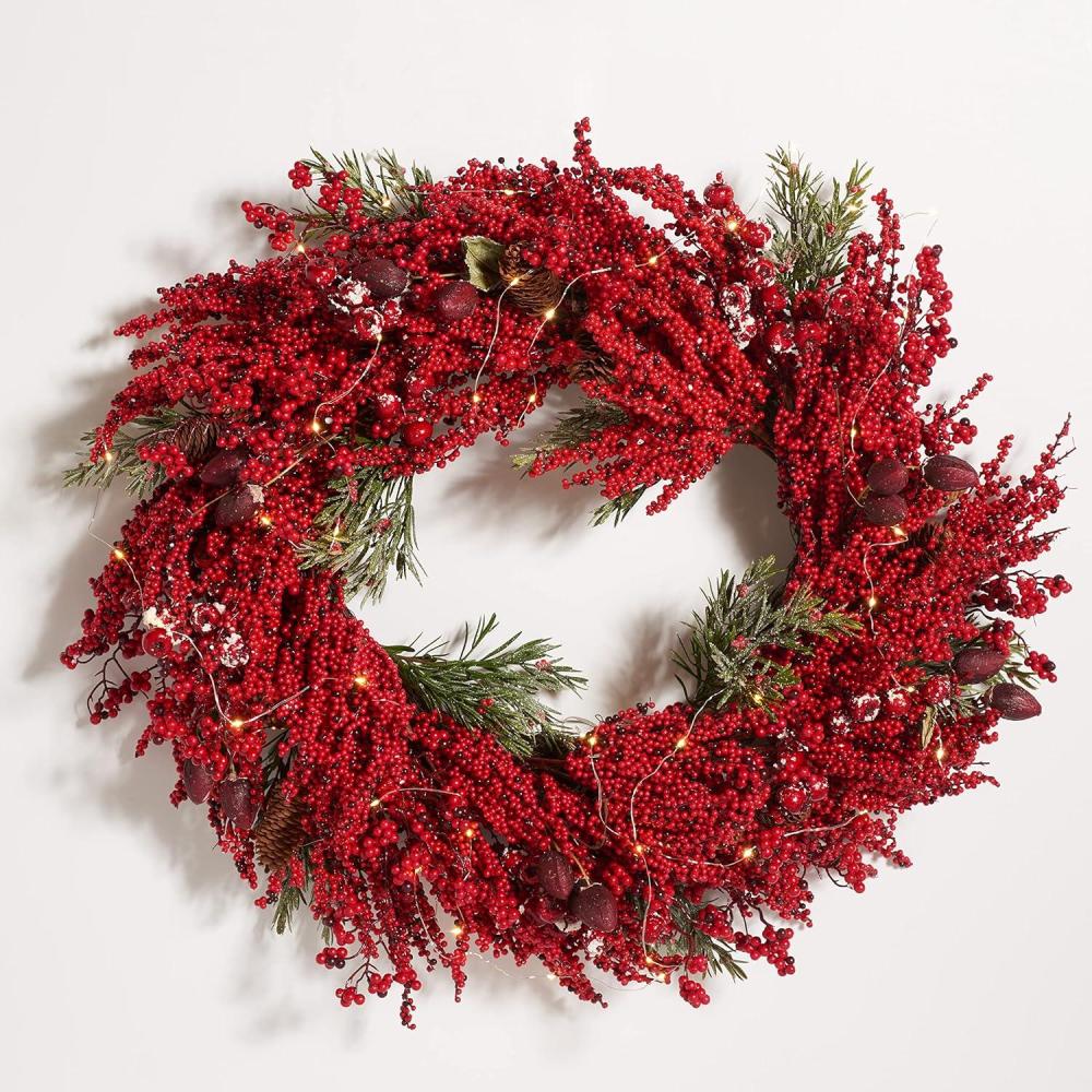 image:imageSAFAVIEH Home Collection 30inch Decorative Artificial Red Berry amp Pine Wreath LED Light Fully Assembled